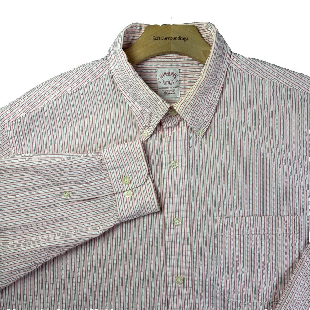 Brooks Brothers Seersucker Shirt Mens Large Pink Long Sleeve Stripes Breathable